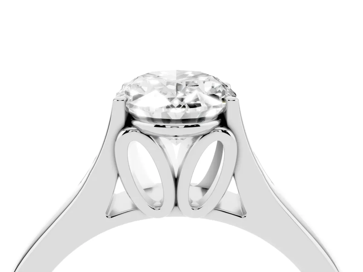 Oval Cut Solitaire Diamond Ring with Cathedral Band and Four-Prong Setting Silver