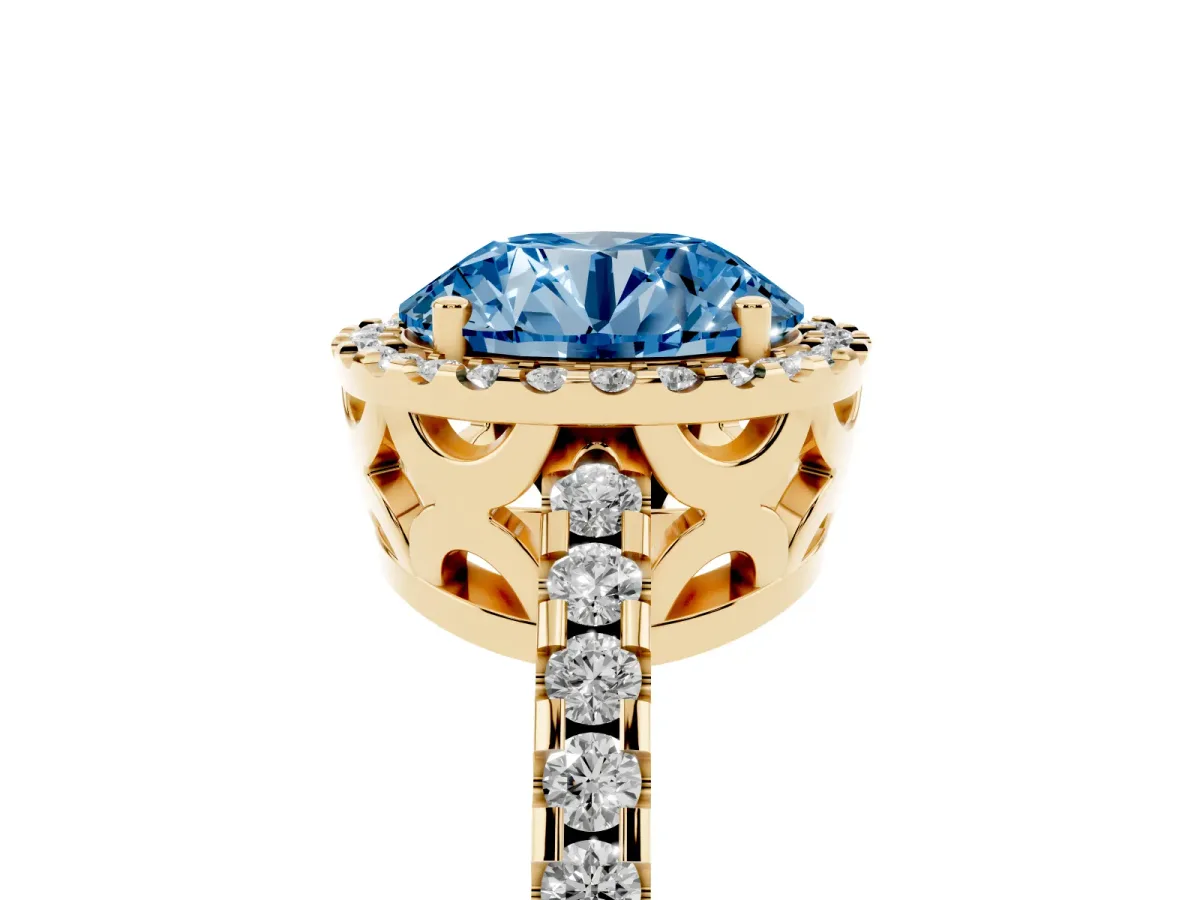 Fancy Blue Round Cut Diamond Halo Engagement Ring with Pavé Band and Prong Setting Yellow gold