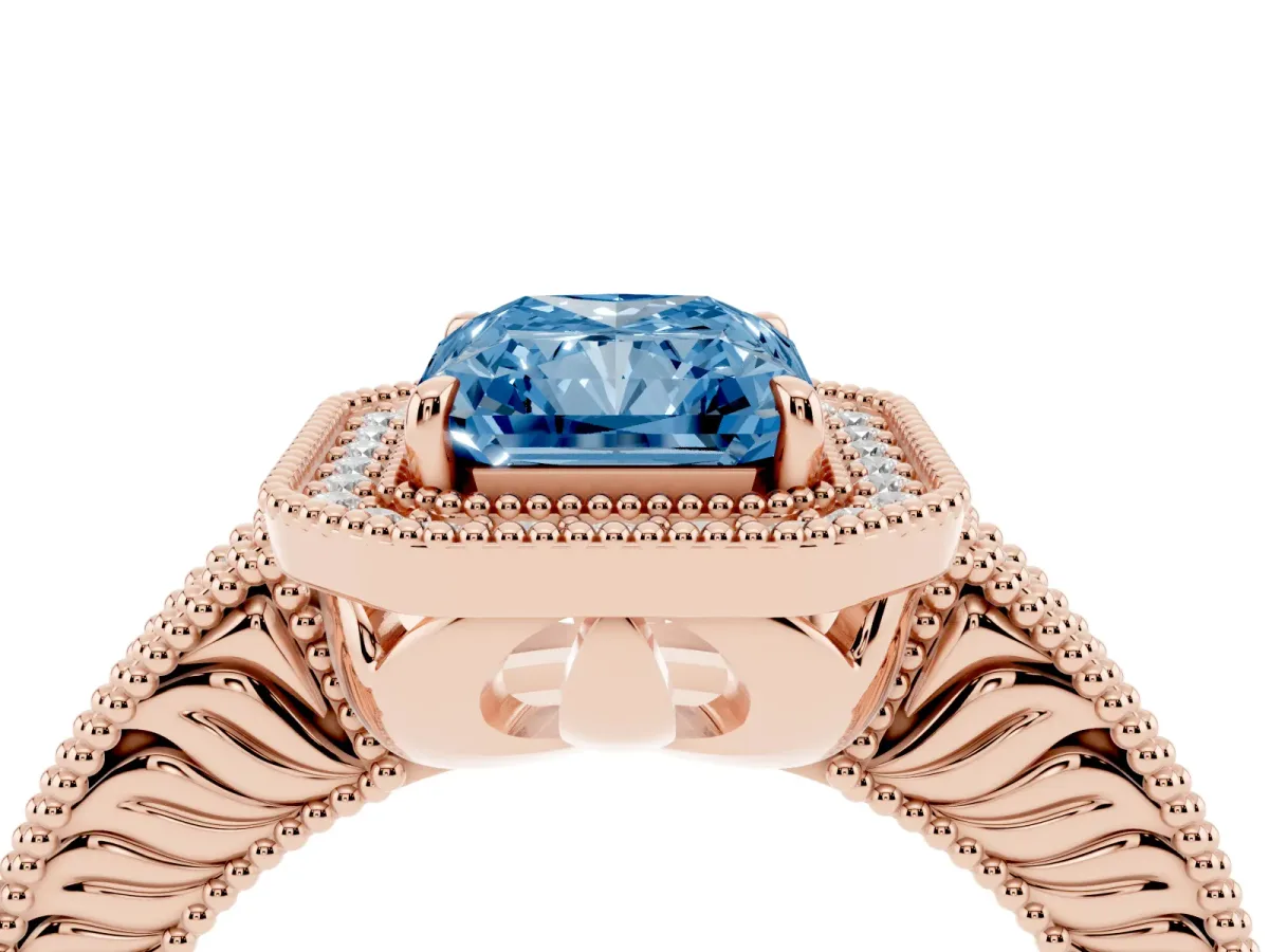 Fancy Blue Radiant Cut Cut Halo Diamond Ring with Pavé Band and Four-Prong Setting Rose gold