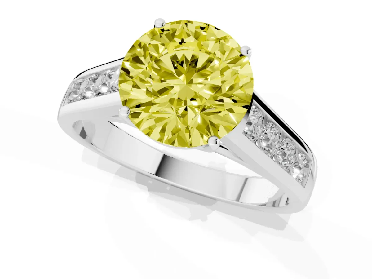Fancy Yellow Round Cut Solitaire Channel-Set Diamond Engagement Ring with Four-Prong Setting Silver