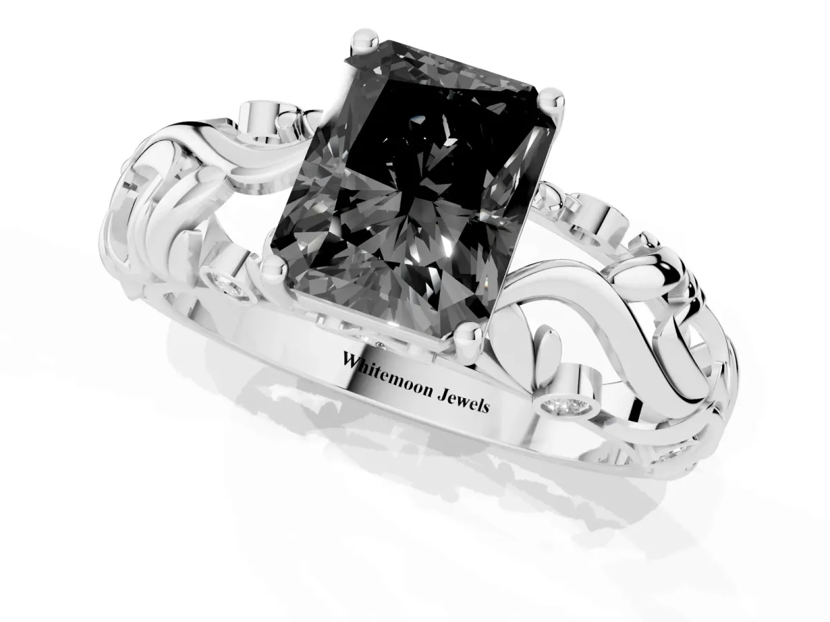 Fancy Black Radiant Cut Solitaire Diamond Leaf-Inspired Vine Band Ring with Prong Setting Platinum