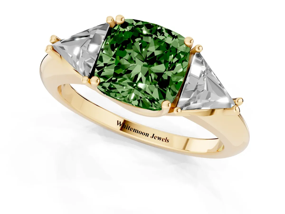 Fancy Green Three-Stone Cushion Cut Diamond Engagement Ring with Trillion Side Stones and Prong Setting Yellow gold