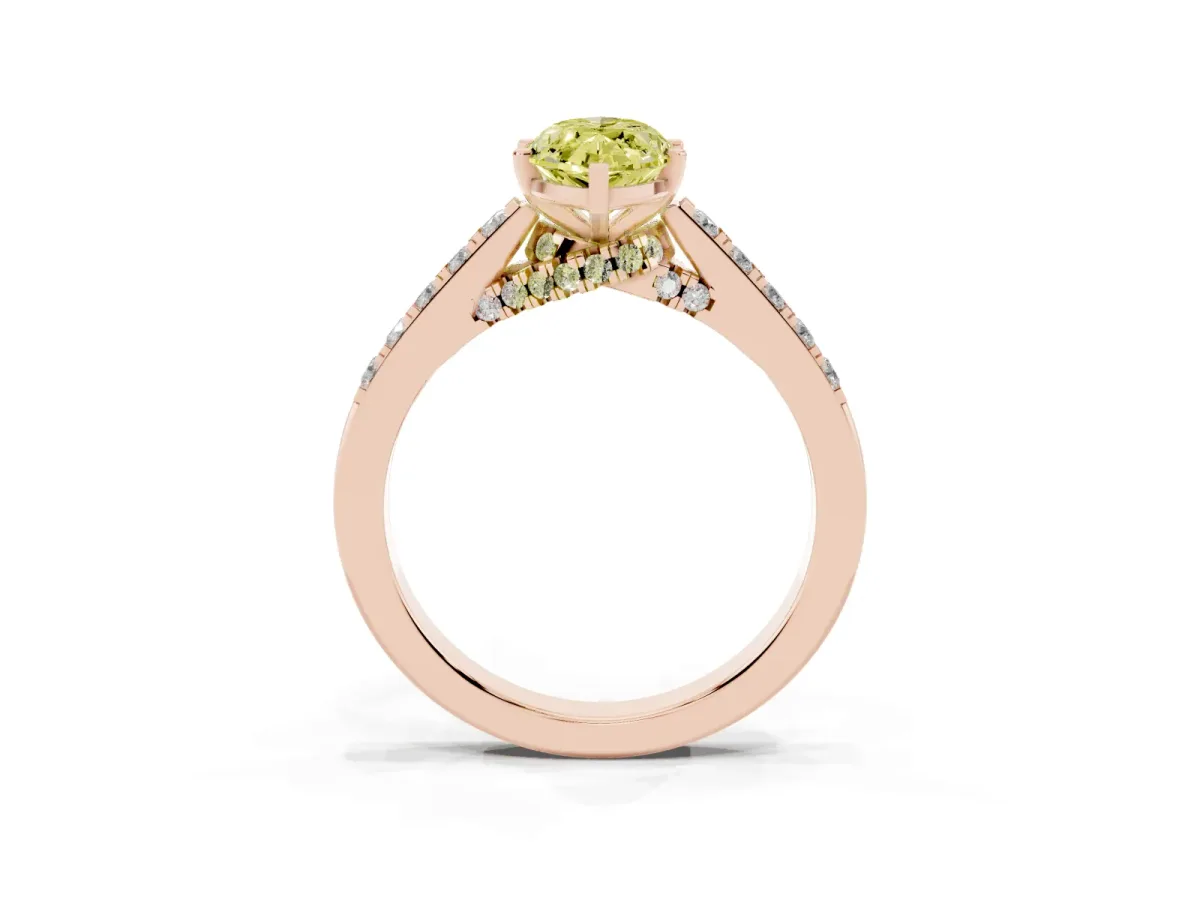 Fancy Yellow Marquise Cut Diamond Solitaire Ring with Crossover Gallery and Round Pavé Band Rose gold