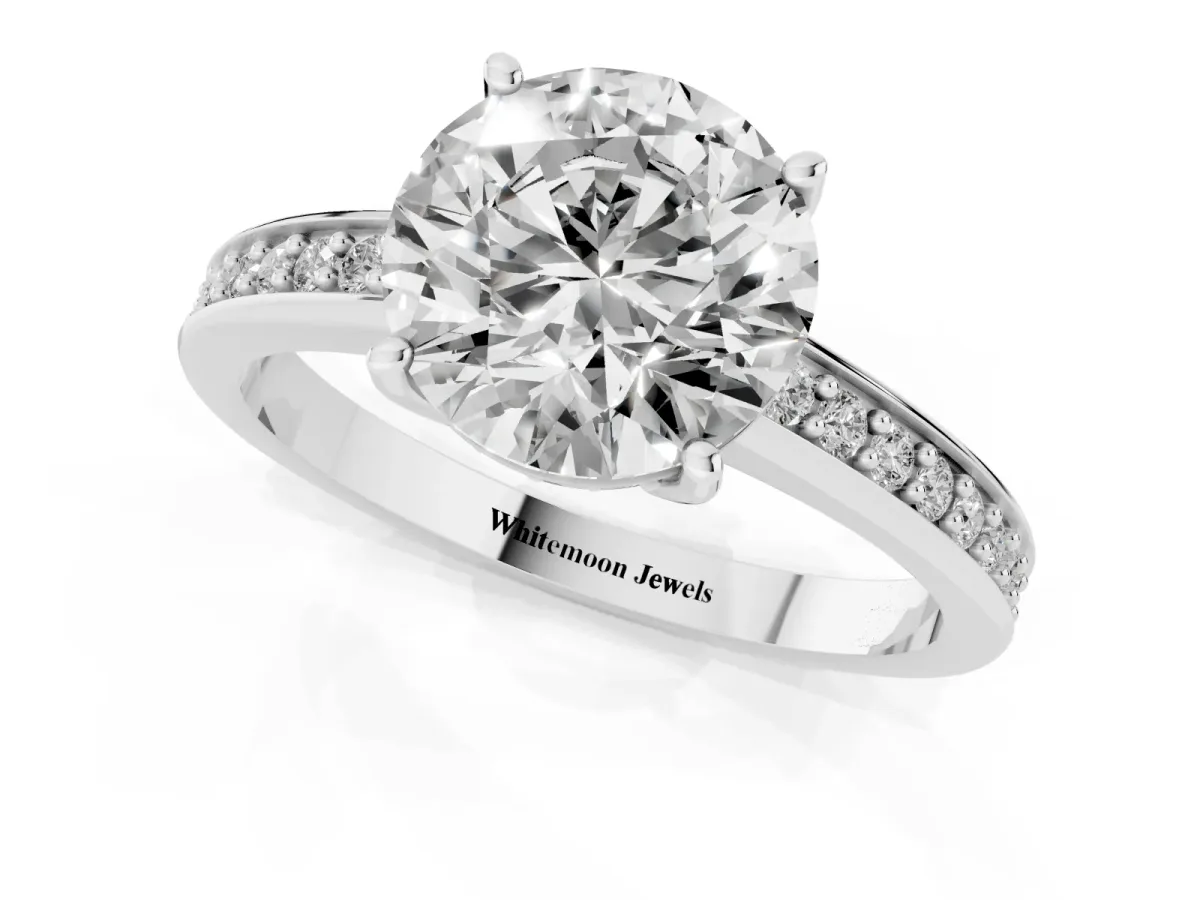 Round Cut Solitaire Pavé Band Prong Setting Ring Silver