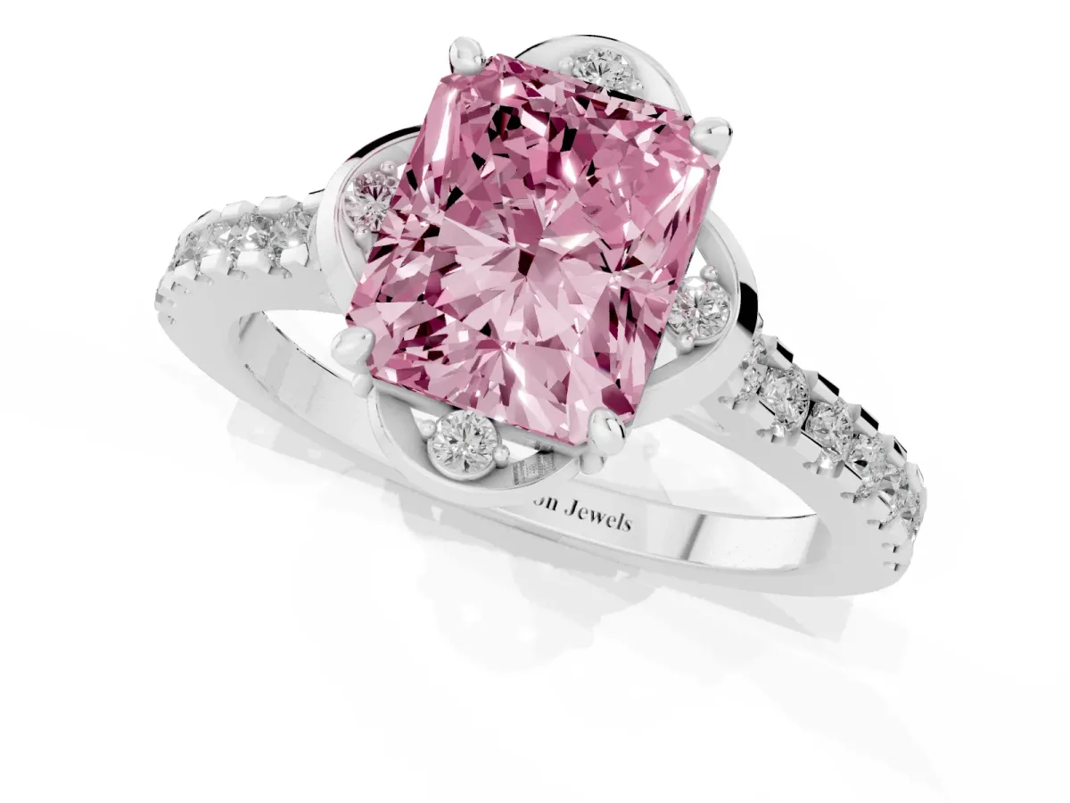 Fancy Pink Radiant Cut Diamond Ring with Pavé Band and Floral Prong Setting Platinum