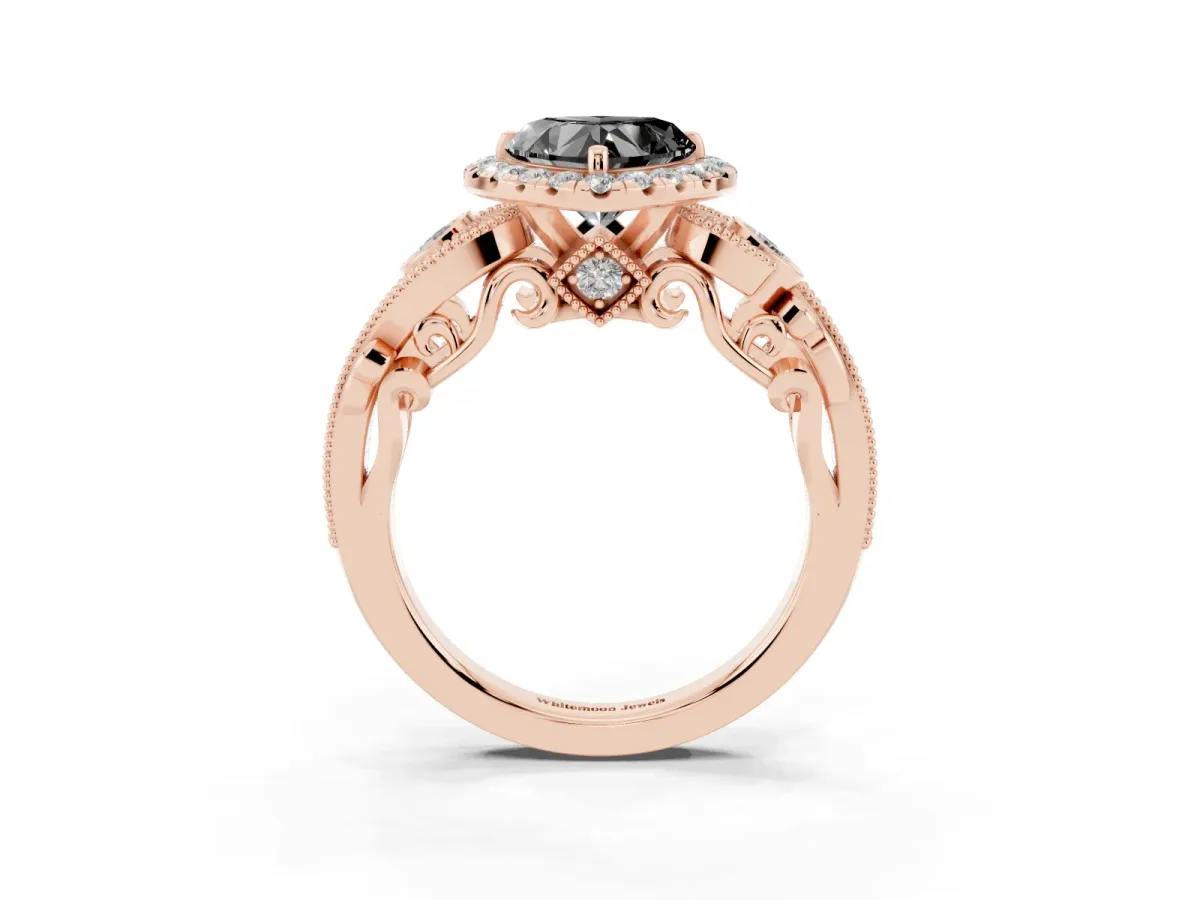Fancy Black Heart Cut Halo Diamond Ring with Milgrain and Bezel Accents on a Split Shank Band Rose gold