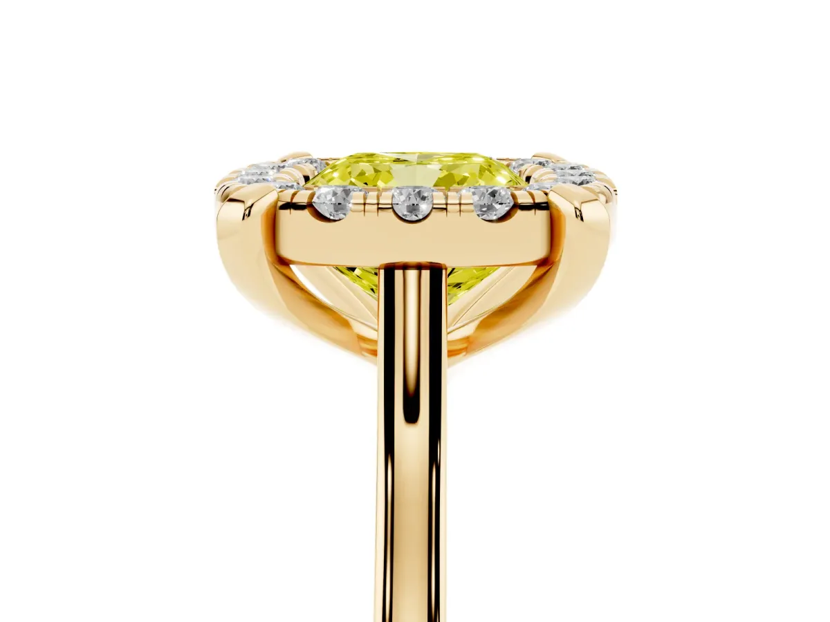 Fancy Yellow Cushion Cut Diamond Cluster Halo Solitaire with Four-Prong Setting Yellow gold