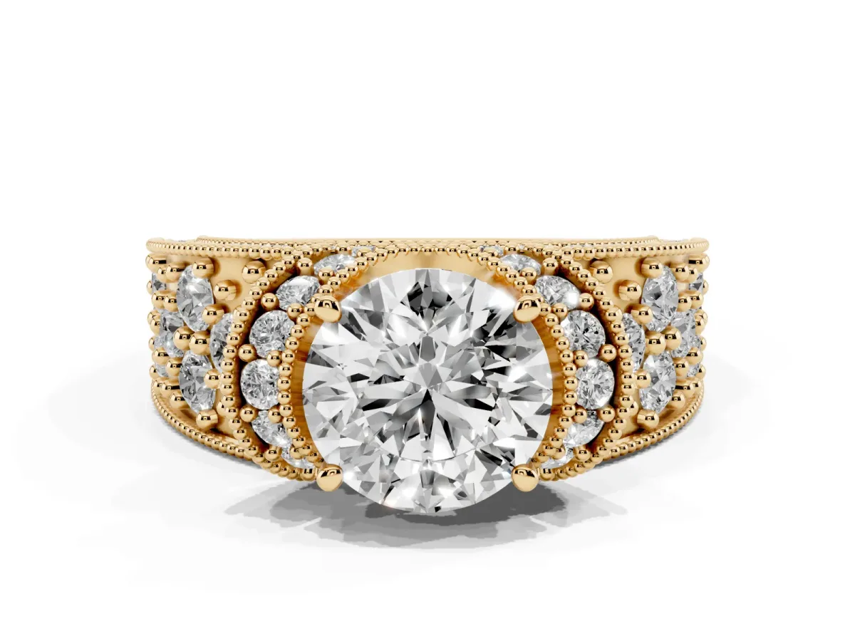 Round Cut Halo Pave Diamond Engagement Ring with Milgrain Detailing Yellow gold