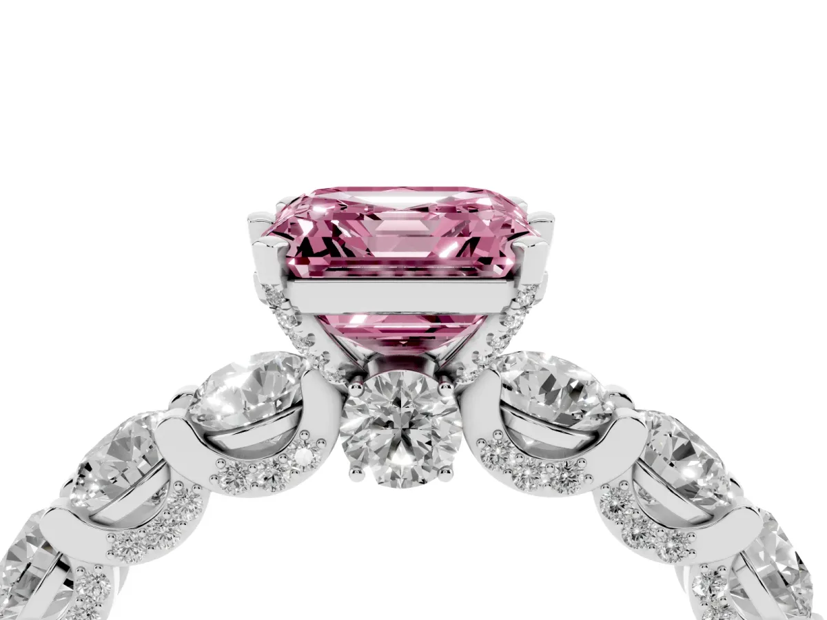 Fancy Pink Asscher Cut Diamond Side Stone Engagement Ring with Four-Prong Setting Platinum