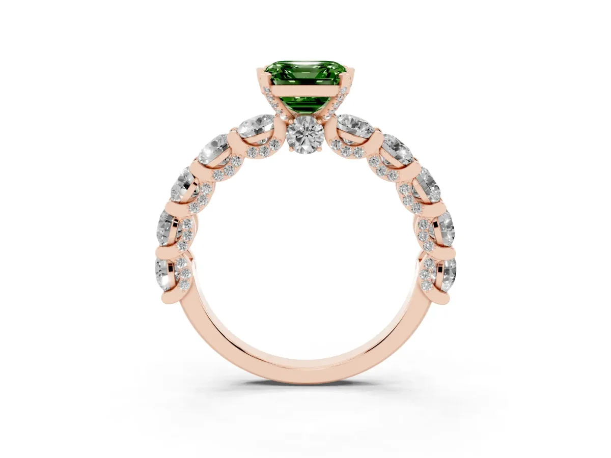 Fancy Green Asscher Cut Diamond Side Stone Engagement Ring with Four-Prong Setting Rose gold