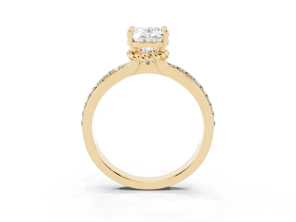 Oval Cut Solitaire Diamond Ring with Channel Set Band and Six-Prong Setting Yellow gold
