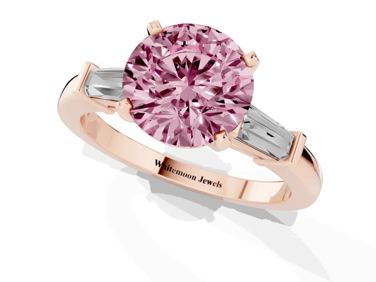 Fancy Pink Round Cut Cut Diamond Solitaire Ring with Tapered Baguette Accents and Four-Prong Setting Rose gold