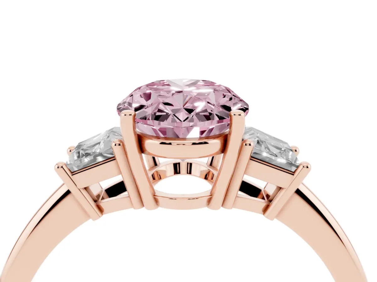Fancy Pink Oval Cut Diamond Three-Stone Ring with Trapezoid Side Stones and Prong Setting Rose gold