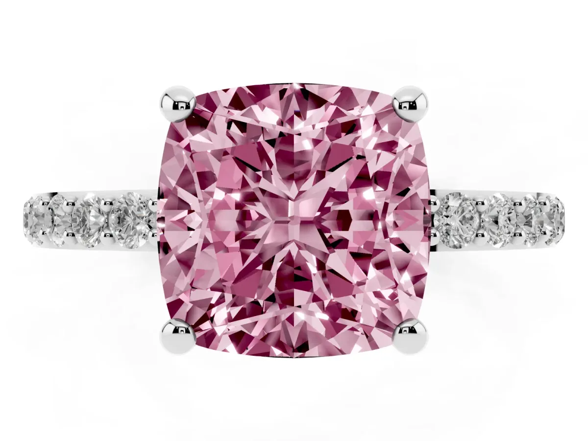 Fancy Pink Cushion Cut Diamond Solitaire Ring with Round Pavé Band and Prong Setting Platinum