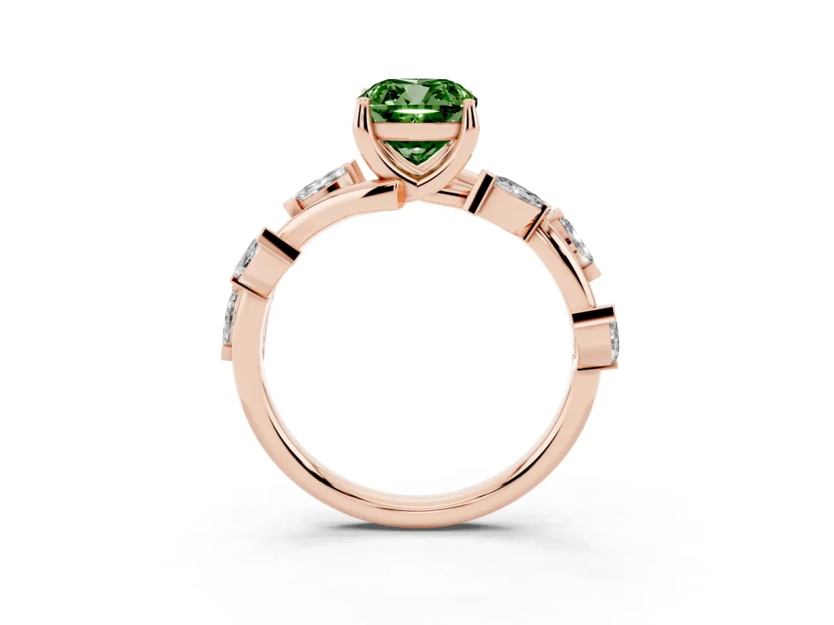 Fancy Green Cushion Cut Solitaire Twisted Band Marquise Accent Prong Setting Ring Rose gold