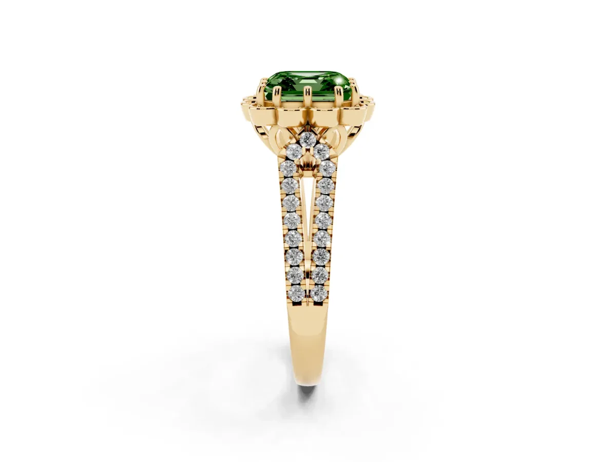 Fancy Green Asscher Cut Halo Diamond Floral Split Shank Engagement Ring Yellow gold