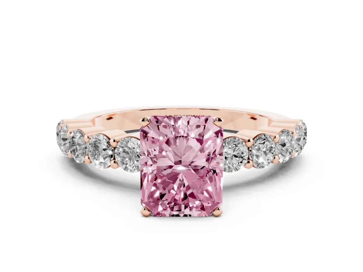 Fancy Pink Radiant Cut Diamond Solitaire Ring with Shared Prong Round Side Stones Rose gold