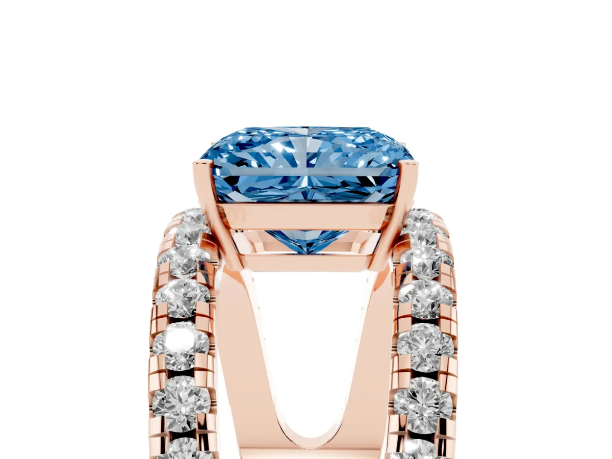 Fancy Blue Radiant Cut Solitaire Split Shank Pave Diamond Ring Rose gold