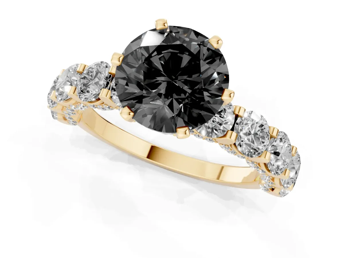 Fancy Black Round Cut Diamond Side Stone Engagement Ring with Four-Prong Setting Yellow gold