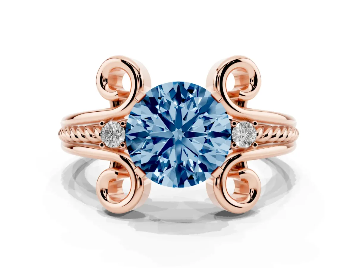 Fancy Blue Round Cut Solitaire Twisted Band Scroll Prong Ring Rose gold