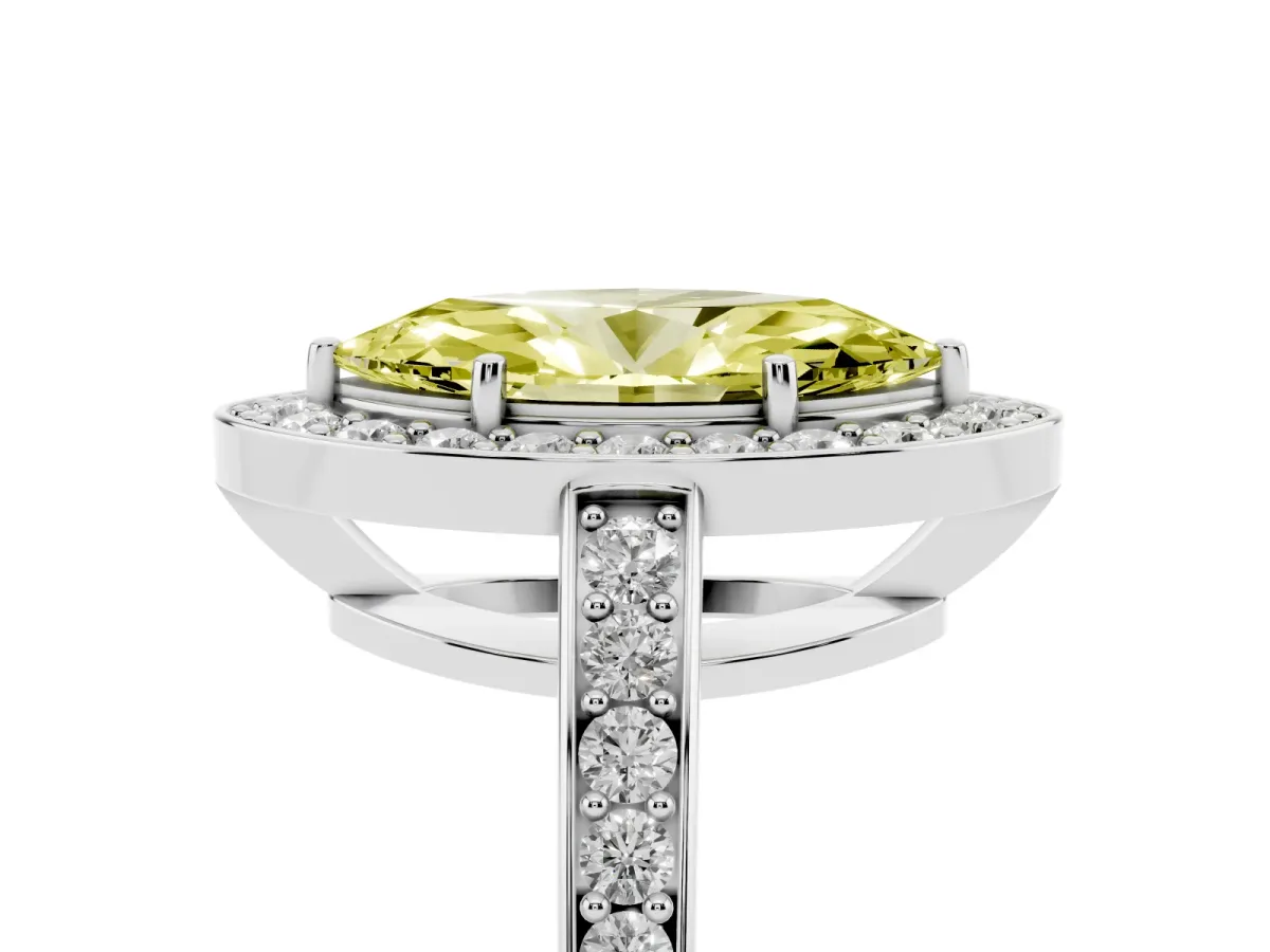 Fancy Yellow Marquise Cut Halo Pavé Diamond Engagement Ring with Bezel Setting Silver
