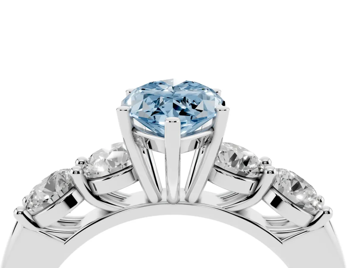Fancy Blue Marquise Cut Cut Five-Stone Prong Set Diamond Ring with Classic Band Silver