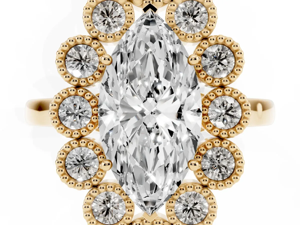 Marquise Cut Halo Diamond Cluster Engagement Ring with Milgrain Bezel Setting and Solitaire Band Yellow gold
