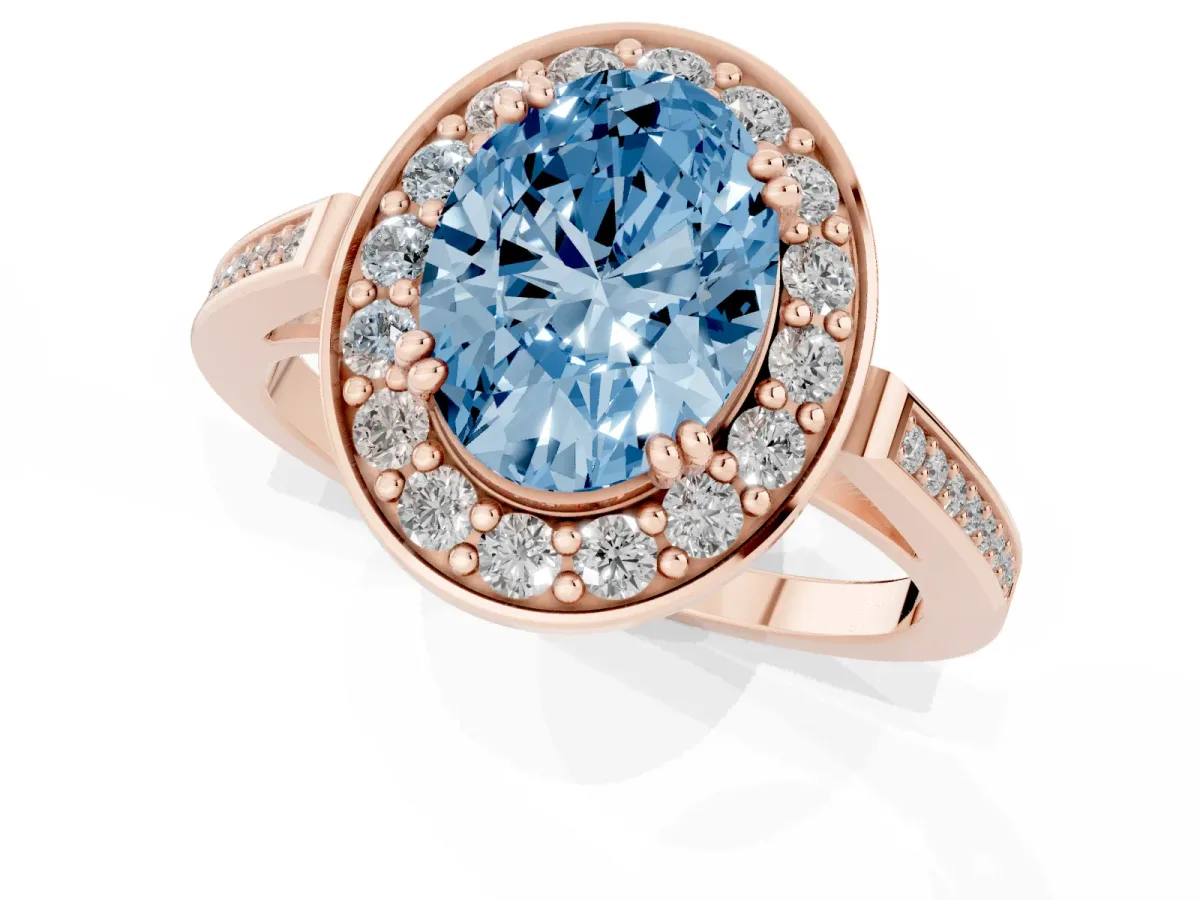 Fancy Blue Oval Cut Diamond Halo Ring with Split Shank and Four-Prong Setting Rose gold