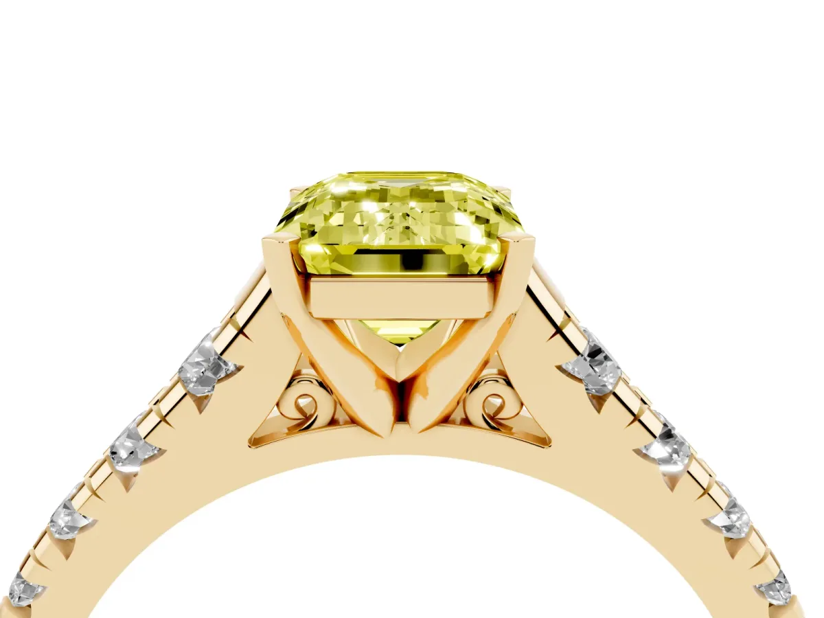 Fancy Yellow Emerald Cut Diamond Cathedral Solitaire Ring with Round Pavé Band Yellow gold