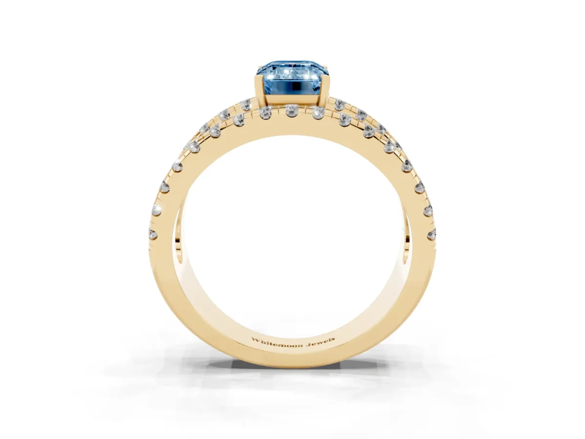Fancy Blue Emerald Cut Solitaire Split Shank Pave Diamond Ring Yellow gold