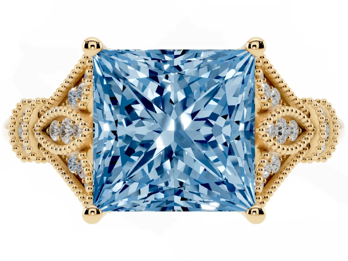 Fancy Blue Princess Cut Diamond Solitaire Ring with Floral Filigree and Pave Accents Yellow gold