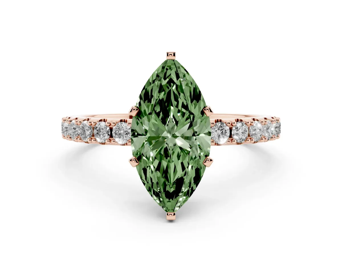 Fancy Green Marquise Cut Diamond Solitaire Pavé Band with Four-Prong Setting Rose gold