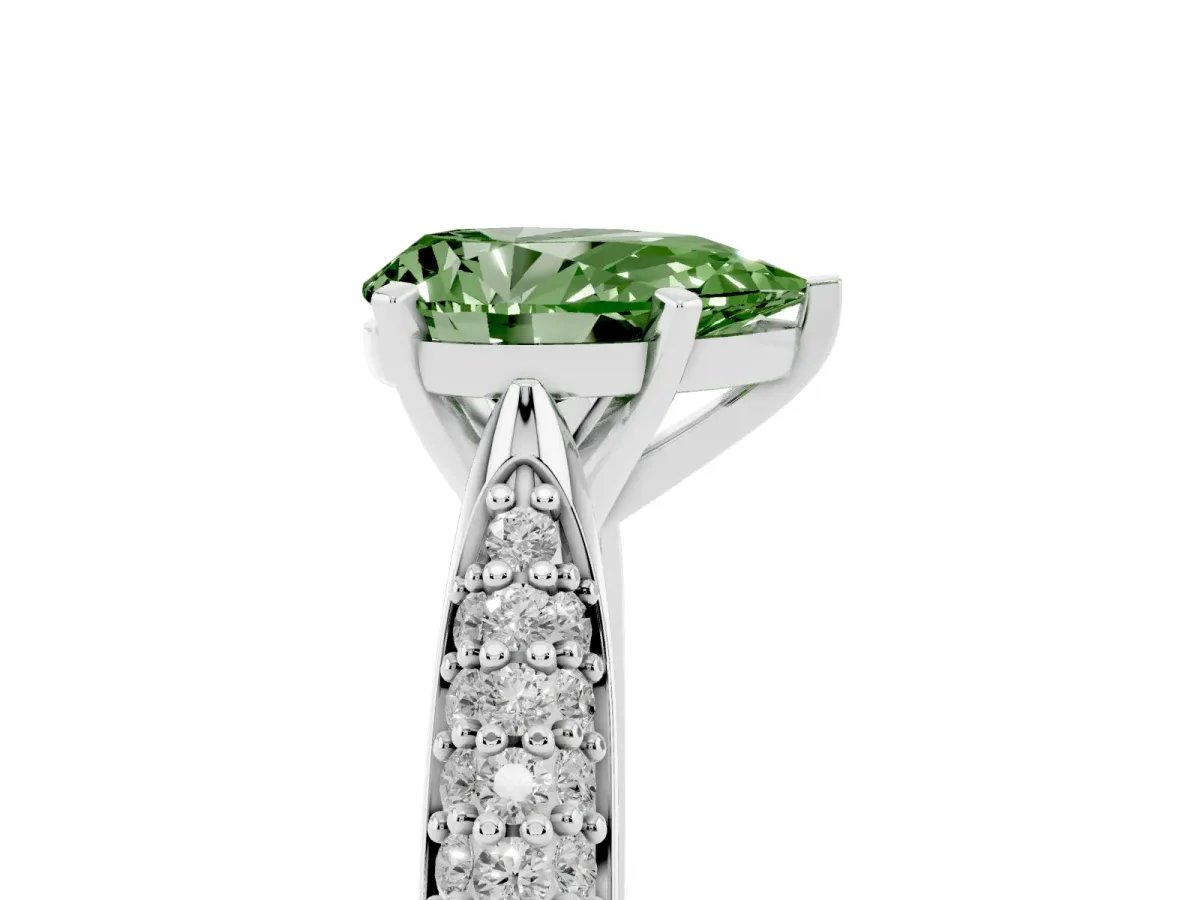 Fancy Green Pear Cut Diamond Solitaire Engagement Ring with Multi-Row Round Pavé Band and Prong Setting Silver