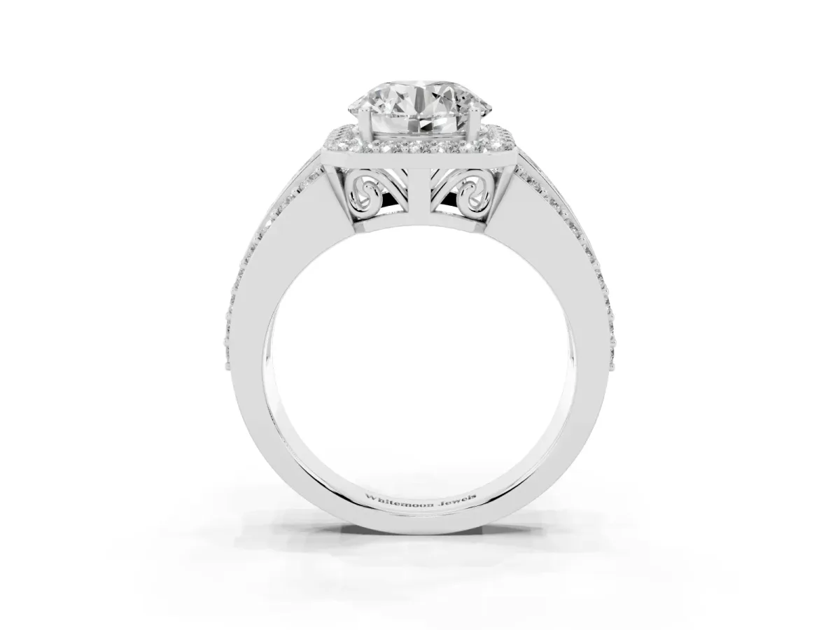 Round Cut Halo Diamond Ring with Round Split Shank and Prong Setting Silver