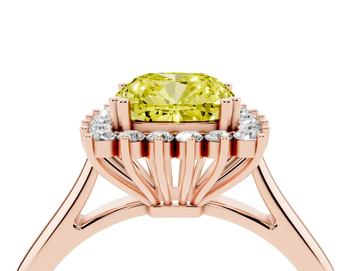 Fancy Yellow Cushion Cut Cut Diamond Halo Ring with Solitaire Band and Prong Setting Rose gold