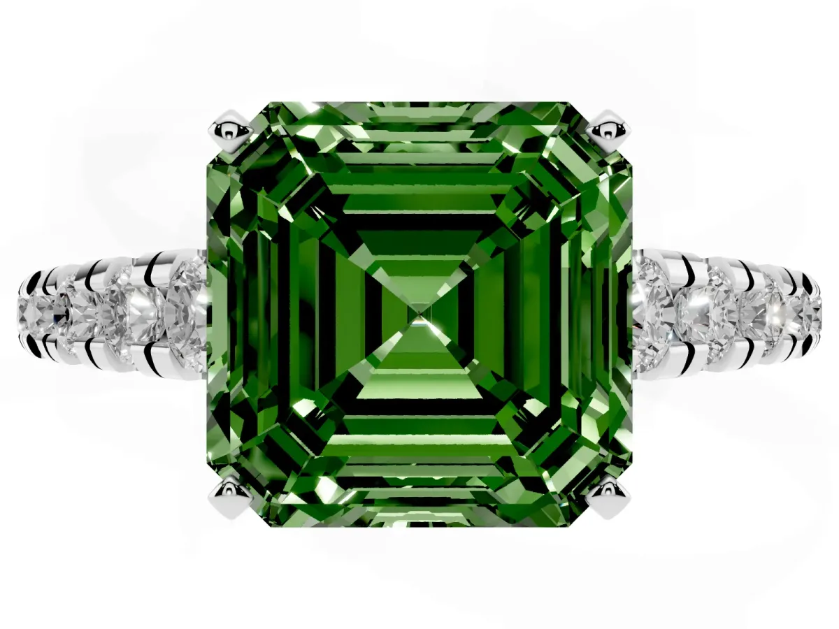 Fancy Green Asscher Cut Diamond Cathedral Solitaire Ring with Round Pavé Band Silver