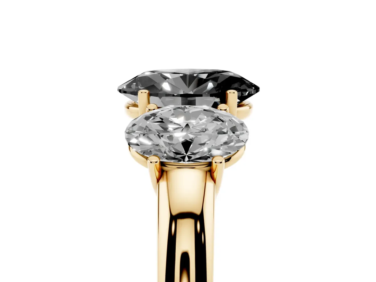 Fancy Black Oval Cut Diamond Three-Stone Ring with Four-Prong Setting and Classic Band Yellow gold