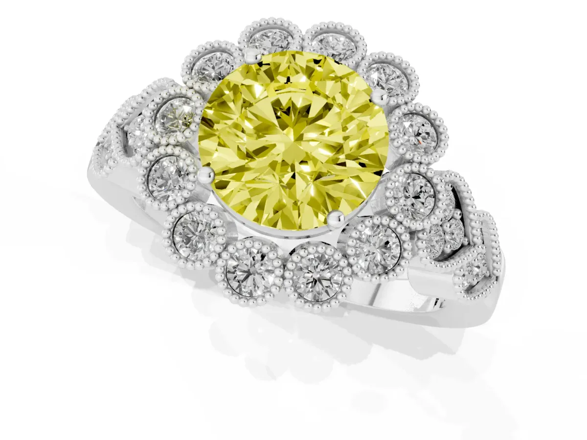 Fancy Yellow Round Cut Brilliant Milgrain Pave Heart Band Solitaire Ring Silver