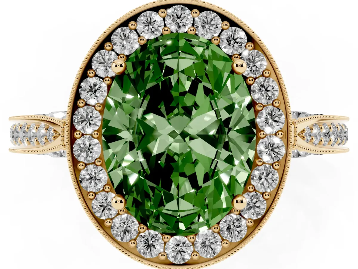 Fancy Green Oval Cut Halo Diamond Engagement Ring with Split Shank Band and Four-Prong Setting Yellow gold