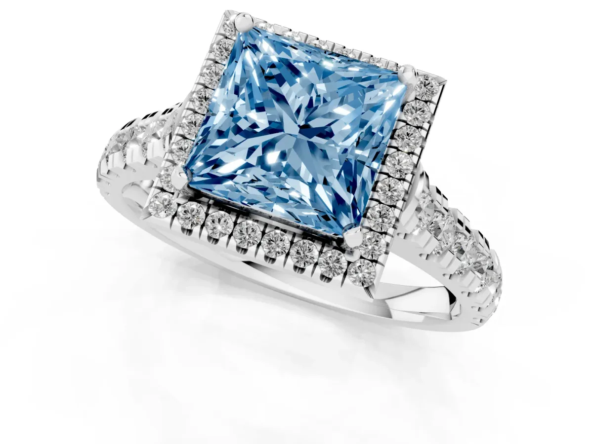 Fancy Blue Princess Cut Halo Pavé Diamond Engagement Ring with Four-Prong Setting Platinum
