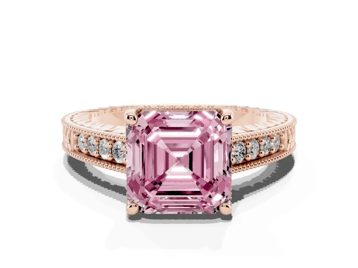 Fancy Pink Asscher Cut Solitaire Pavé Diamond Milgrain Engagement Ring with Four-Prong Setting Rose gold