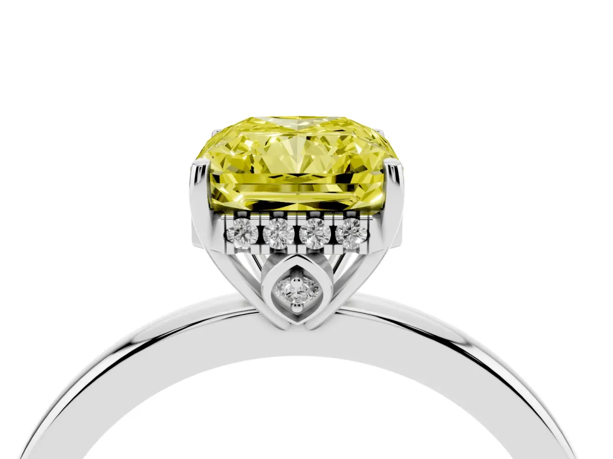 Fancy Yellow Radiant Cut Solitaire Diamond Ring with Prong Setting and Plain Band Platinum