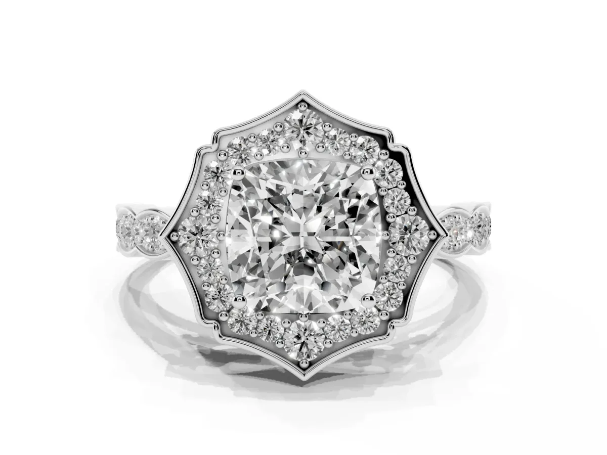 Cushion Cut Halo Diamond Engagement Ring with Milgrain Band and Four-Prong Setting Silver