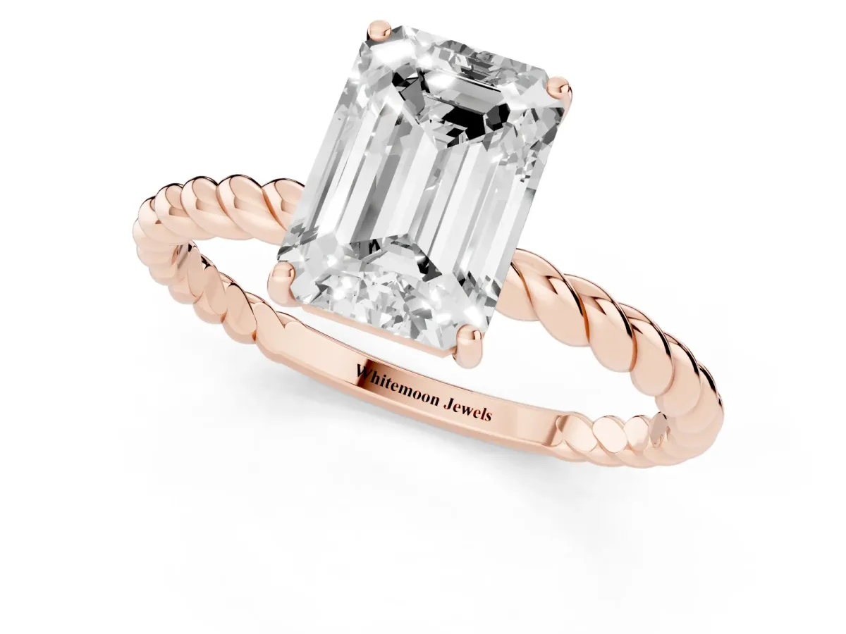 Emerald Cut Solitaire Twisted Band 4-Prong Ring Rose gold