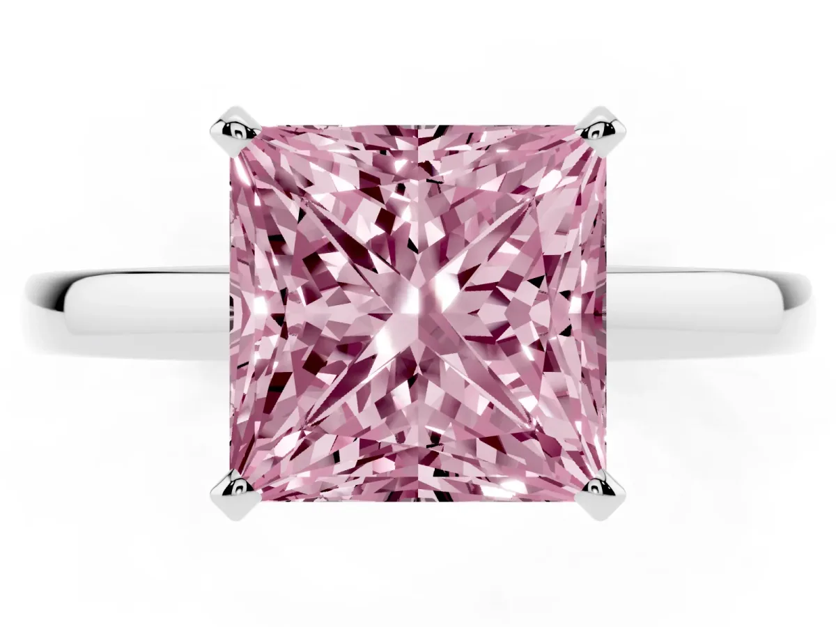 Fancy Pink Princess Cut Solitaire Diamond Engagement Ring with Four-Prong Setting on a Classic Band Silver