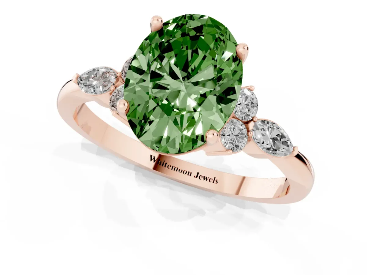 Fancy Green Oval Cut Brilliant Diamond Solitaire Ring with Pear Side Stones and Four-Prong Setting Rose gold