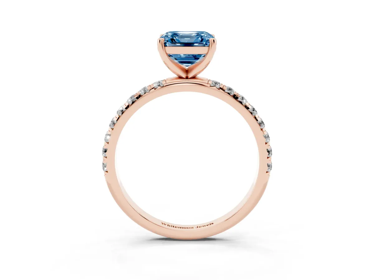 Fancy Blue Asscher Cut Cut Diamond Solitaire Ring with Micro Pave Band and Four Prong Setting Rose gold