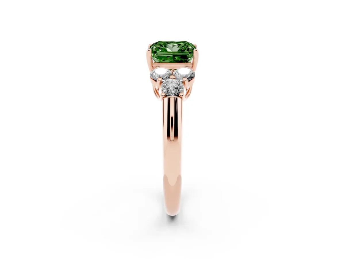 Fancy Green Princess Cut Cut Diamond Cluster Ring with Round Accent Stones and Prong Setting on a Classic Band Rose gold