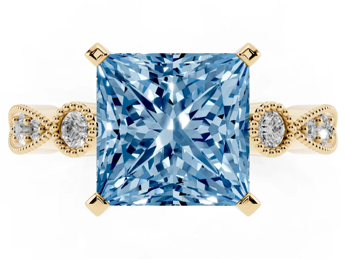 Fancy Blue Princess Cut Milgrain Bezel Diamond Engagement Ring with Solitaire Prong Setting Yellow gold