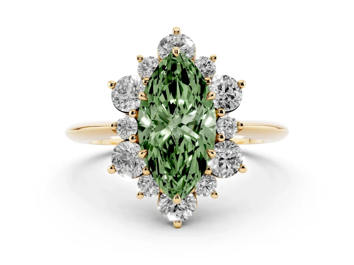 Fancy Green Marquise Cut Diamond Cluster Halo Ring with Solitaire Band and Four-Prong Setting Yellow gold